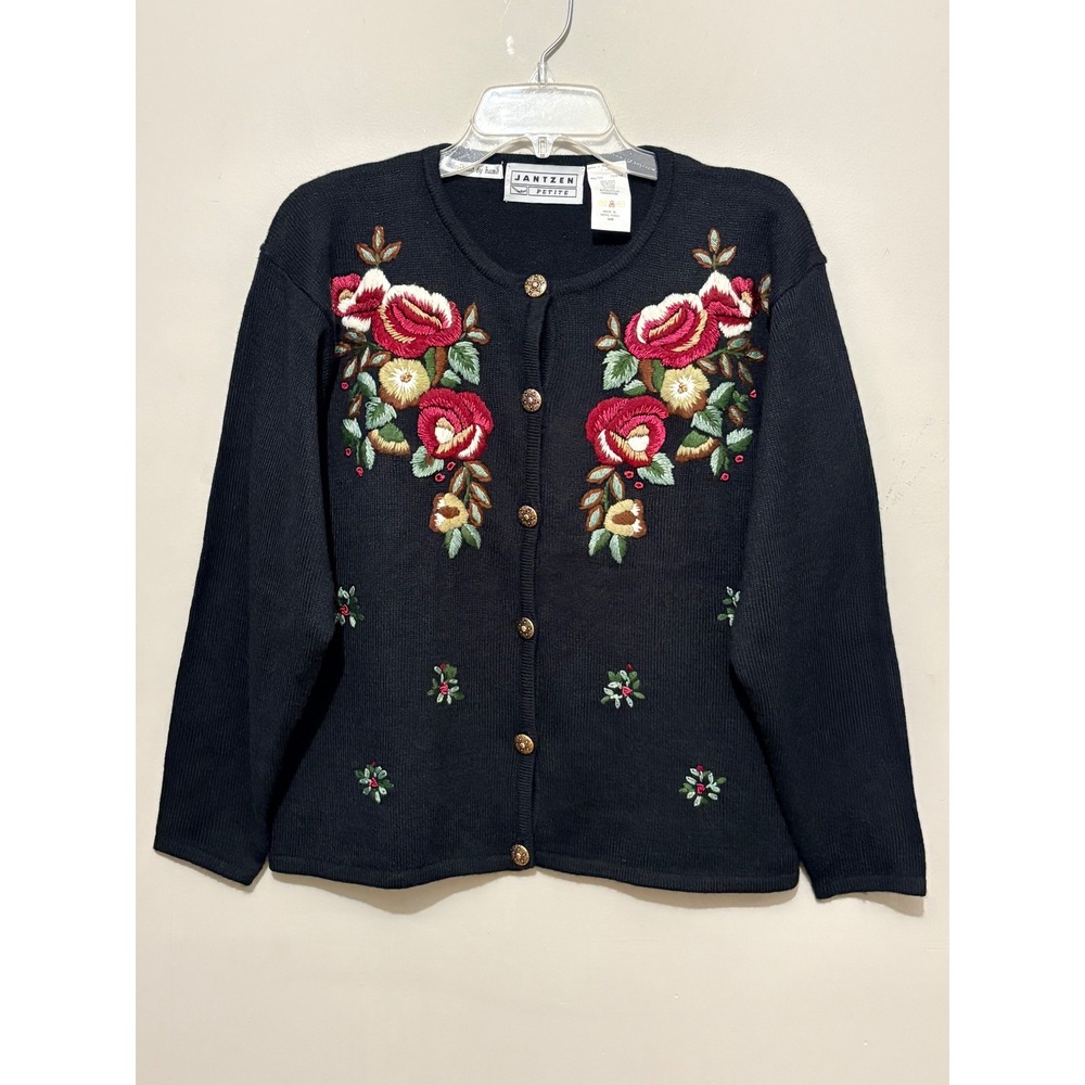 Jantzen Petite Vintage Black Cardigan‎ Hand Embroidered Floral Rose Button Sz M